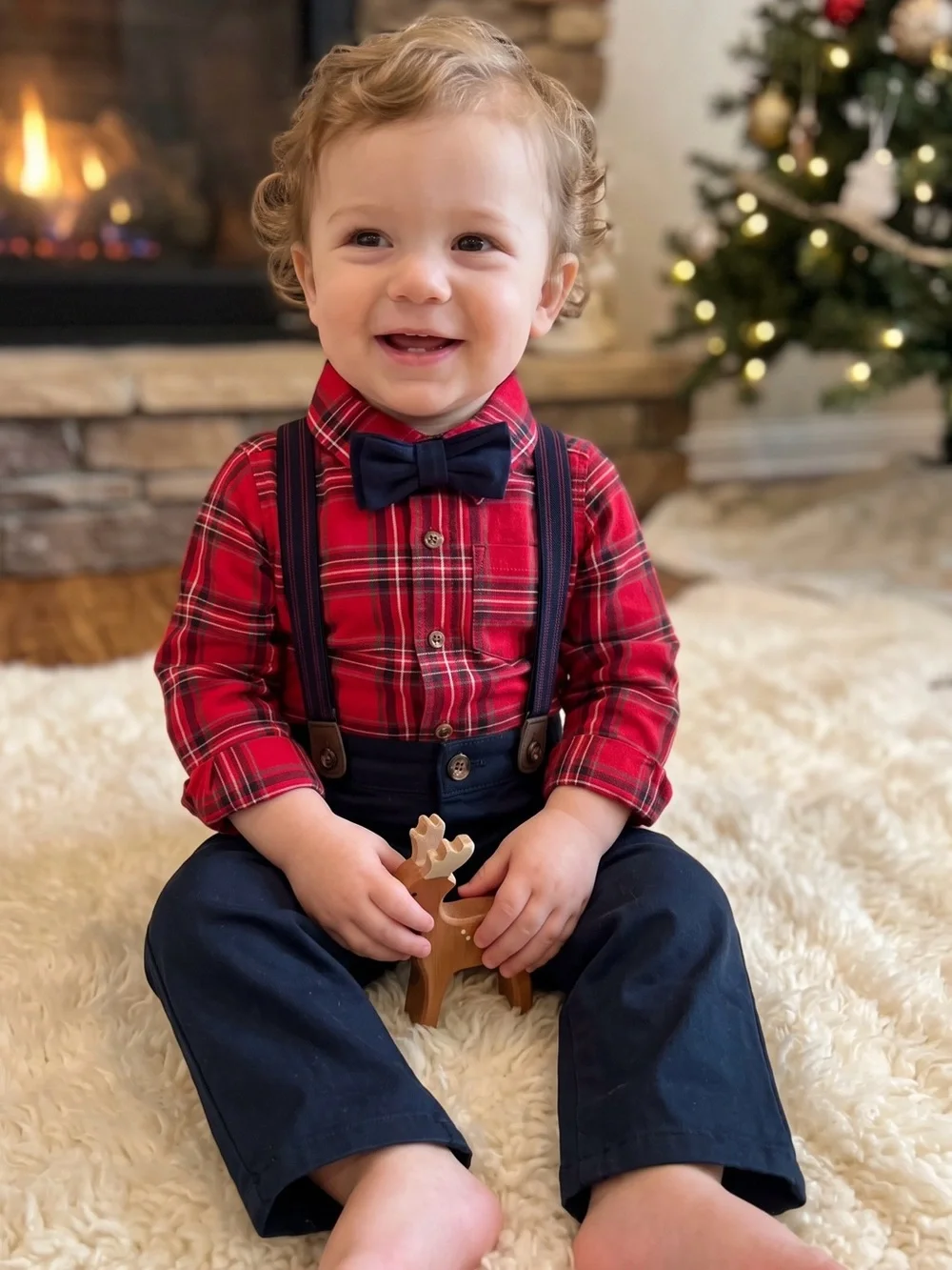 Carter's Red Plaid Shirt with Black Bow Tie and Black Suspender Pants